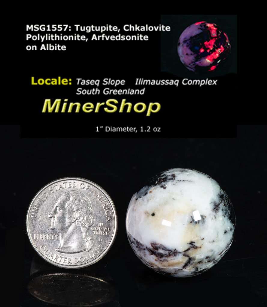 A Tugtupite Sphere with Silver Polylithionite | MinerShop