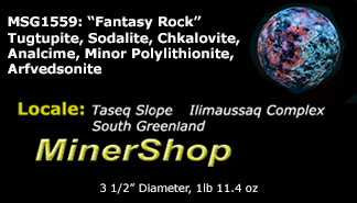 Fantasy rock sphere with sodalite, tugtupite, chkalovite, analcime from greenland. Tenebrescent.