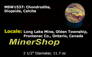 Chondrodite, blue diopside, calcite sphere from Canada