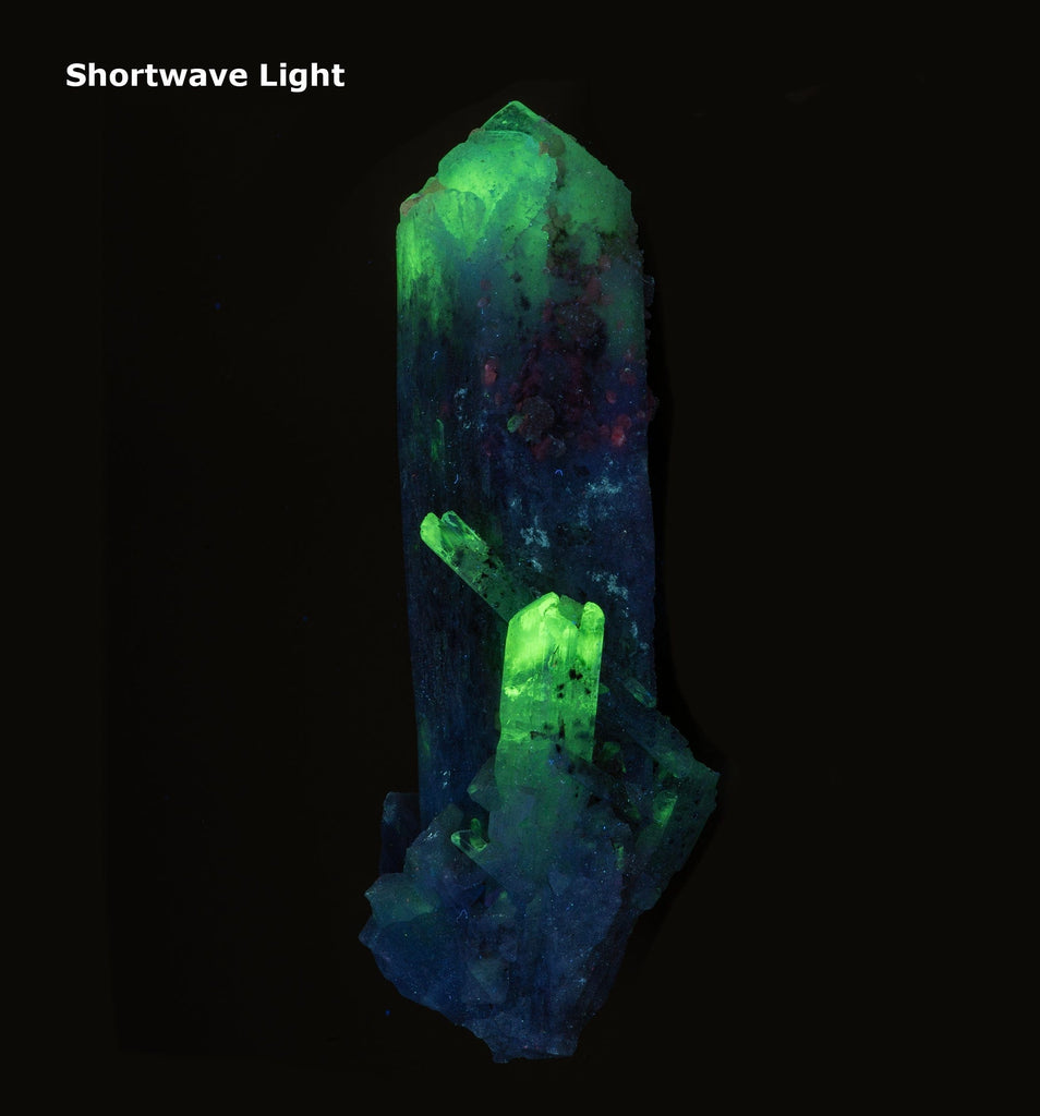 A danburite crystal fluorescent a bright green under midwave and shortwave UV light