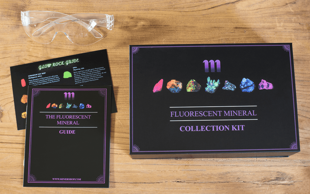 Mineral kit with 6 Fluorescent Minerals Handpicked for their bright glow and quality. This kit comes with ruby, opal, sodalite, wernerite, fluorite, calcite. This kit also comes with a 365nm Filtered Longwave UV Flashlight