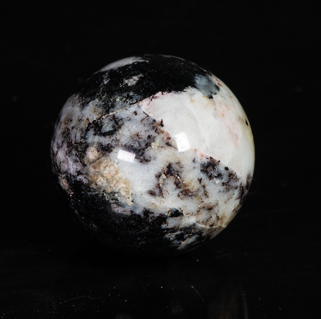 A Tugtupite Sphere with Silver Polylithionite | MinerShop